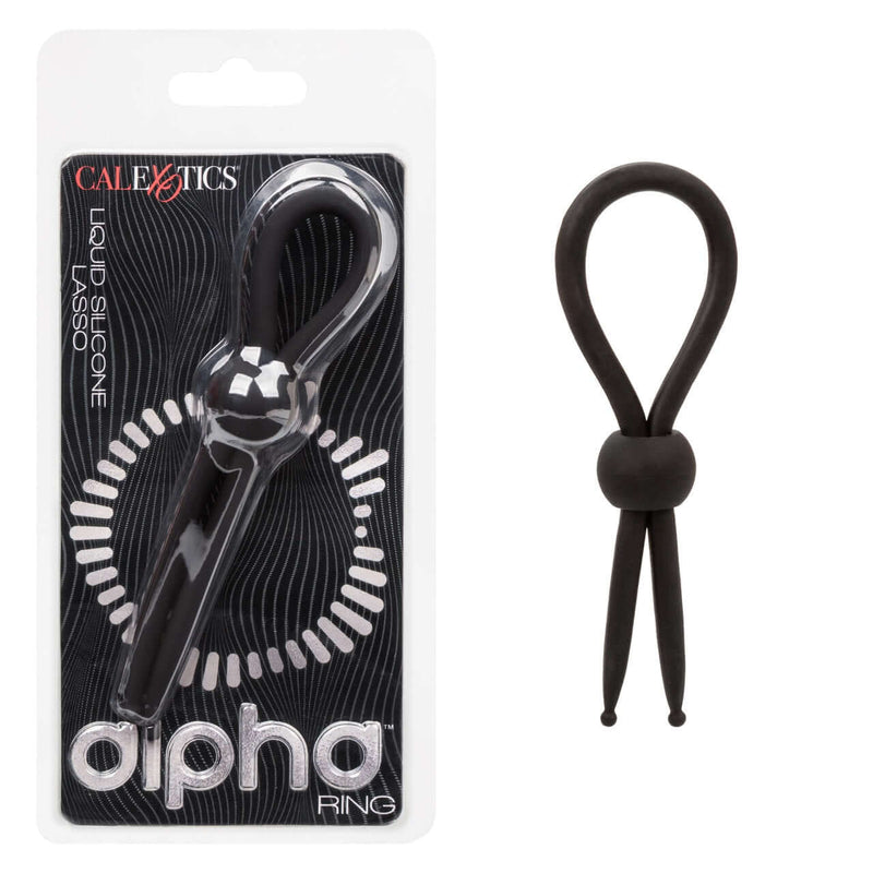 Alpha Liquid Silicone Lasso Black in Packaging and Open View - Premium Adjustable Enhancer