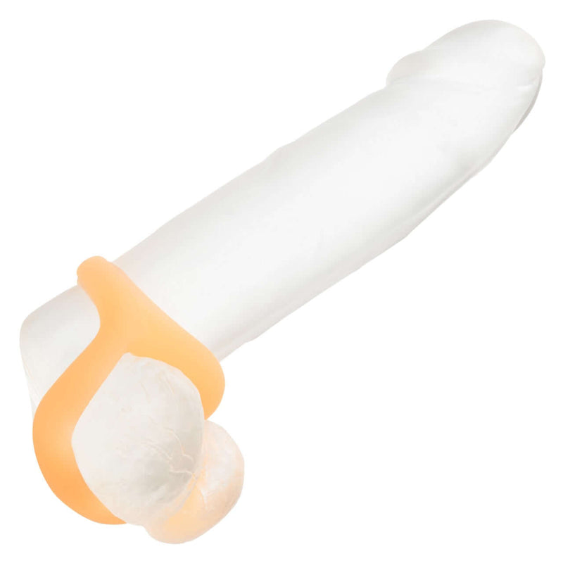 Glow-in-the-dark liquid silicone teardrop ring with scrotum ring for stamina enhancement.