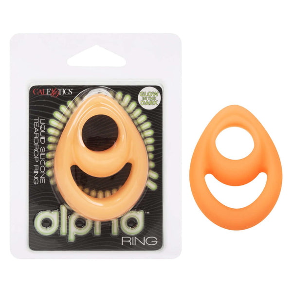 Alpha Glow-In-The-Dark Liquid Silicone Teardrop Ring in packaging and out.
