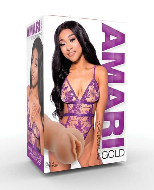 Mari Gold Pocket Pussy Stroker in brown packaging with ebony pornstar illustration and product image.