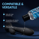 Passion Water Based Anal Lubricant 8 Oz bottle pouring onto a black anal toy, highlighting compatibility and versatility.