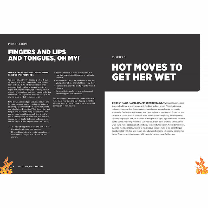 Inside pages of Hot Sex Tips Tricks and Licks Book showing tips on pleasure and intimacy.