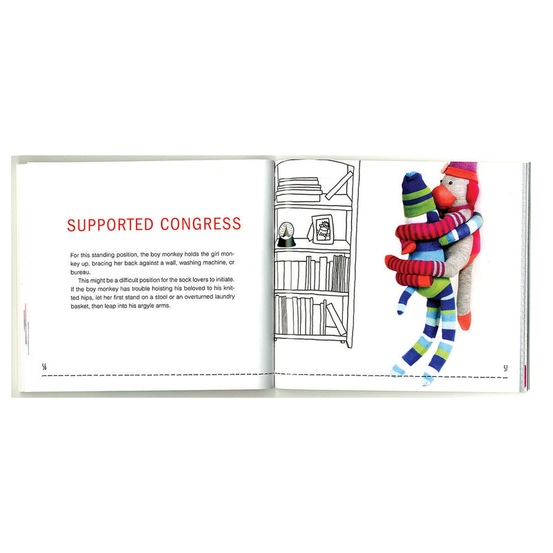 Illustration from the Sock Monkey Kama Sutra Book showing the 'Supported Congress' position with playful sock monkey characters.