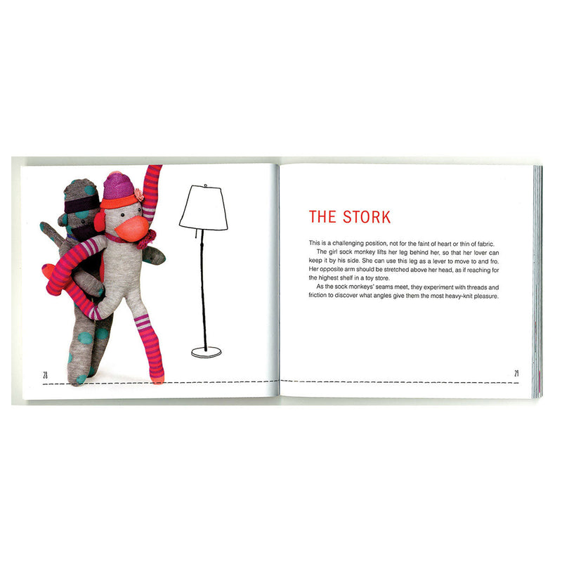 Sock Monkey Kama Sutra Book illustration of the Stork position with sock monkeys having fun.