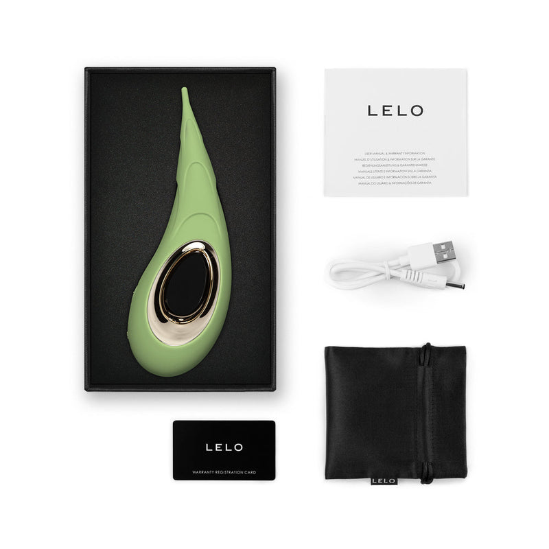 LELO DOT Cruise Pistachio Cream packaging contents including clitoral stimulator, charger, and cards.