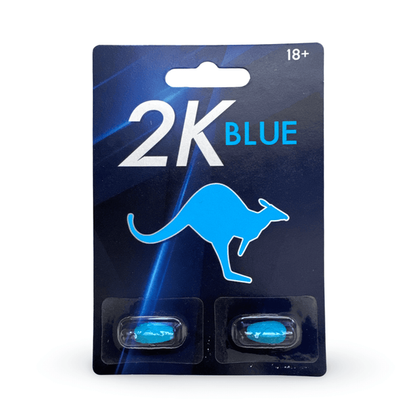 Kangaroo 2K Blue men's herbal supplement pack showing two blue capsules for stamina and vitality.