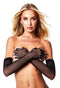 Woman wearing Baci Fingerless Fishnet Opera Gloves in black for an elegant and dramatic look.