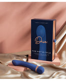 Deia the Hot & Cold Heating & Cooling Vibrator Navy displayed with packaging and elegant background.