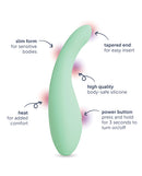 plusOne Petite Pelvic Wand Heated Vibrator features slim form, tapered end, body-safe silicone, heat, and power button.