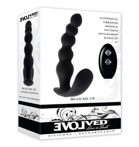 Bead Me Up rechargeable silicone vibrating anal beads with remote control, featuring 10 powerful speeds and patterns.