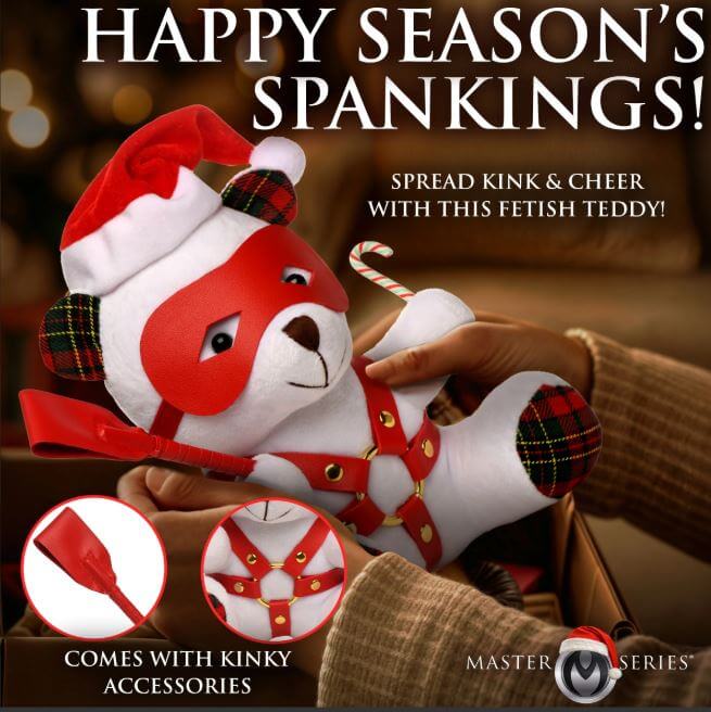 MS Holiday Bear White in Santa hat, featuring kinky accessories and festive details for a playful holiday gift.