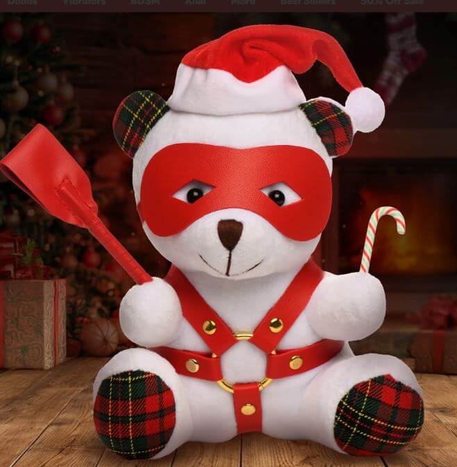 MS Holiday Bear White plush toy with Santa hat, mask, and festive accessories for a playful holiday spirit.
