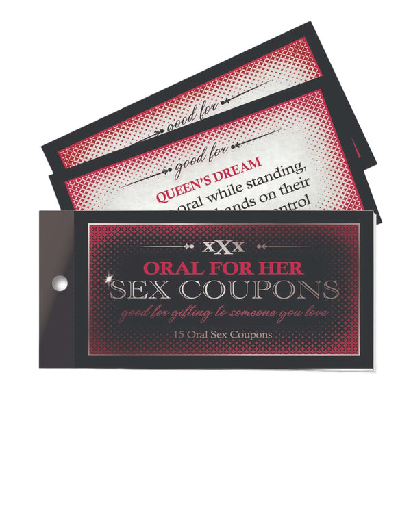 "Oral for Her Sex Coupons book, featuring 15 playful and steamy scenarios for intimate moments, displayed on a white background."