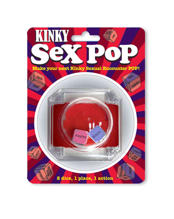 Kinky Sex Pop Dice Game packaging featuring two dice with provocative commands, perfect for spicing up bedroom fun and exploring new sensations