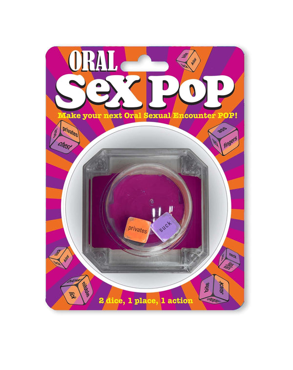 Oral Sex Pop Dice Game packaging for adventurous couples to enhance intimate moments with action and body part dice