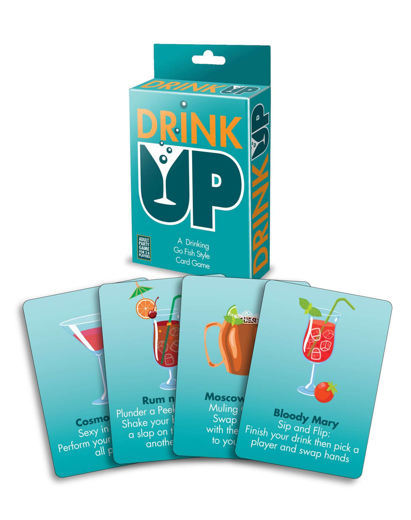 Drink Up Card Game box with several themed playing cards on display