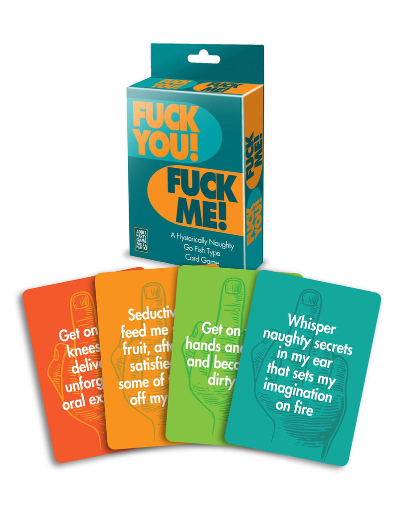 "Fuck You Fuck Me Go Fish Style Game cards displayed with colorful phrases, adding a playful twist to game night entertainment."
