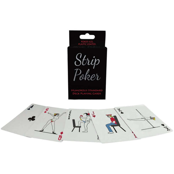 Strip Poker card game featuring humorous illustrations of strippers, playful design, and plastic-coated cards.