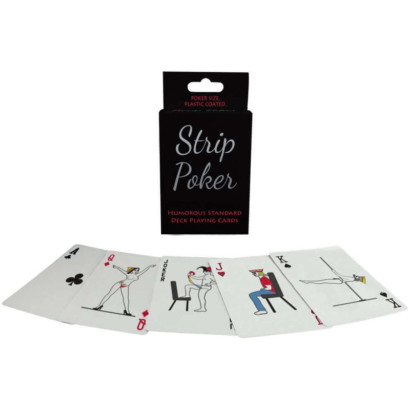 Strip Poker card game featuring humorous illustrations of strippers, playful design, and plastic-coated cards.