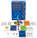 Colorful box and cards from the 1000 Drinking Games Adults set, featuring various drinking game challenges and components.