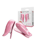 Pretty Love Leaf Wireless Vibrating Nipple Clamps Pink displayed with packaging, ideal for nipple stimulation and pleasure.