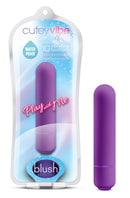 Play With Me Cutey Vibe Plus Bullet Purple Vibrator packaging shown with waterproof features and 10 vibrating functions.