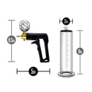 Performance VX7 Vacuum Penis Pump with brass trigger and gauge, showing dimensions: 8.5in height, 5in width, 9in cylinder.