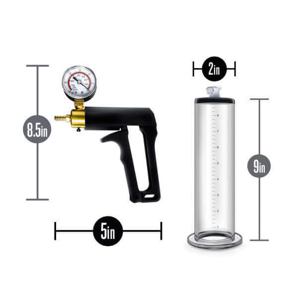 Performance VX7 Vacuum Penis Pump with brass trigger and gauge, showing dimensions: 8.5in height, 5in width, 9in cylinder.