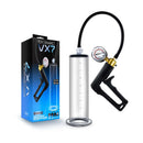 Performance VX7 Vacuum Penis Pump with brass trigger, pressure gauge, and clear cylinder for effective suction.