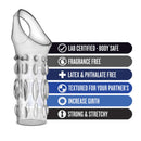 Clear performance studded penis sleeve with text highlights on safety, texture, and strength for enhanced pleasure.