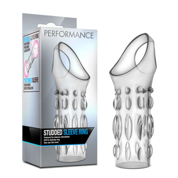 Performance Studded Penis Sleeve in clear packaging, designed for enhanced pleasure and secure fit for an unforgettable experience.