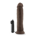 Dr Skin Dr Throb 9.5 Inches Vibrating Realistic Cock Brown next to its remote control for adjustable vibrations.