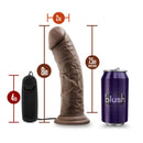 Dr Joe 8 Inch Vibrating Cock Chocolate Brown with dimensions and controller for power adjustment.