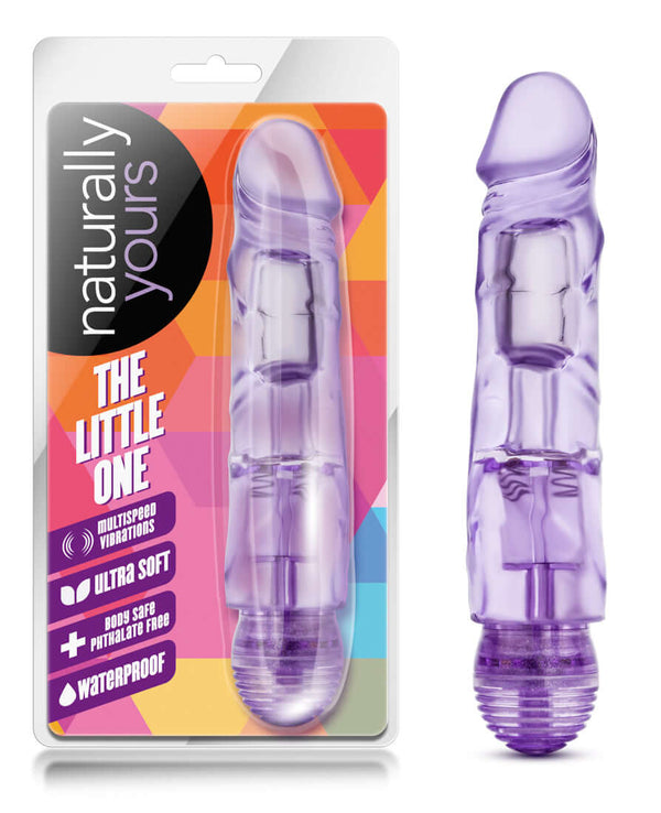 Naturally Yours The Little One Purple Vibrator with Multi-Speed and Flexi Shaft 2.0 shown in packaging and out of packaging
