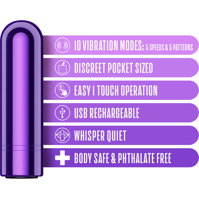 Kool Vibes Grape Mini Bullet Vibrator - 10 Vibration Modes, Discreet, Easy 1 Touch Operation, USB Rechargeable, Whisper Quiet, Body Safe