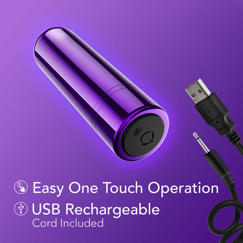 Kool Vibes Rechargeable Mini Bullet Vibrator in grape color with USB charging cord and easy one-touch operation.