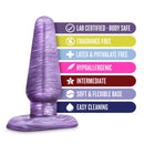 B Yours Medium Cosmic Butt Plug with labels for safe use, features, and easy cleaning.