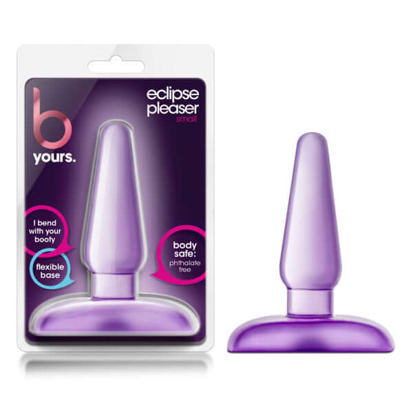 B Yours Eclipse Pleaser small purple butt plug with comfort tapered design and secure base in packaging.