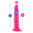 Neo 7.5 Inches Dual Density Cock Neon Pink with dimensions: 7in insertable, 1.5in diameter, 4.5in girth.