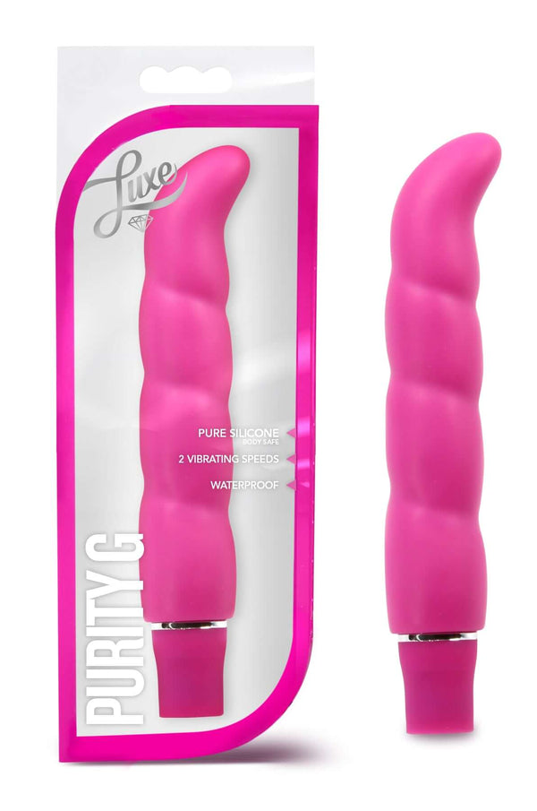 Luxe Purity G Pink Vibrator with smooth satin finish and ergonomic G-spot curve in packaging and standalone view.