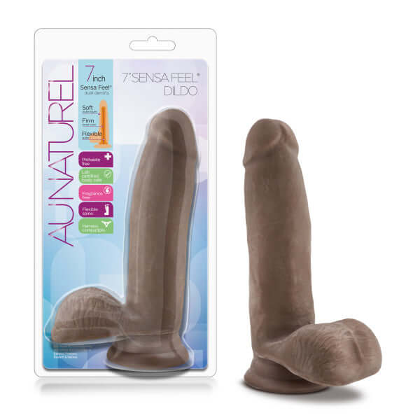 Au Naturel 7 inch Sensa Feel Dildo in Chocolate Brown with realistic texture and strong suction cup base in packaging.