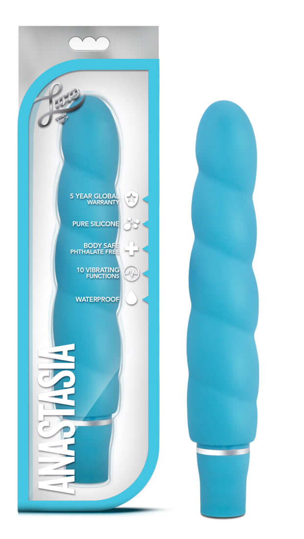Anastasia Aqua Vibrator in packaging, blue ribbed design, by Luxe Line Blush Novelties, 10 functions, waterproof, body-safe silicone.