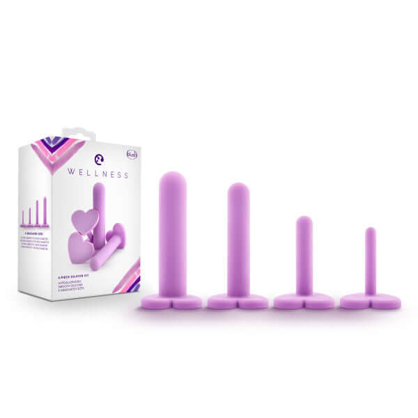 Wellness Dilator Kit Purple by Blush Novelties with 4 progressive vaginal dilators for comfortable therapy displayed next to product box.