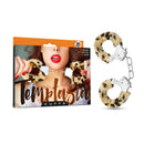 Temptasia Furry Leopard Adjustable Wrist Cuffs in packaging with bold leopard-print design and metal chain.