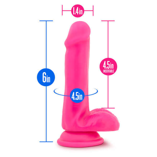 Neo 6-Inch Dual Density Dildo with Balls in neon pink by Blush Novelties, showcasing dimensions and realistic design.