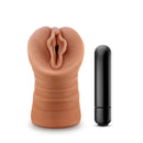 M for Men Sofia Mocha Tan Pocket Pussy Stroker alongside a black vibrating bullet for enhanced stimulation.