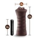 Hot Chocolate Heather Brown Vibrating Mouth Stroker with dimensions, emphasizing realistic design and vibration feature.