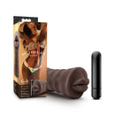 Image of Hot Chocolate Heather Brown Vibrating Mouth Stroker with packaging and a black vibrator.