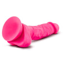 Neo Dual Density Dildo in neon pink with balls, 7.5 inches, featuring realistic texture and suction cup base.