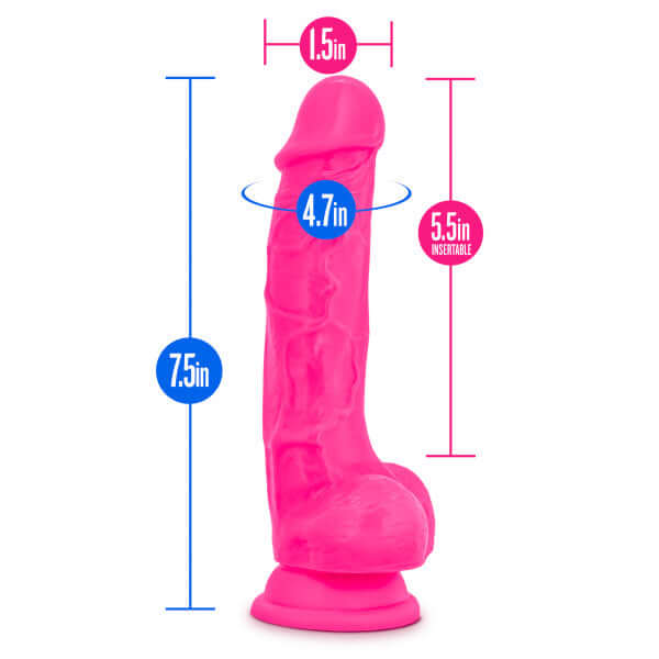 Neo Dual Density Dildo with Balls in Neon Pink, 7.5 inches long, 5.5 inches insertable, with sturdy suction base.